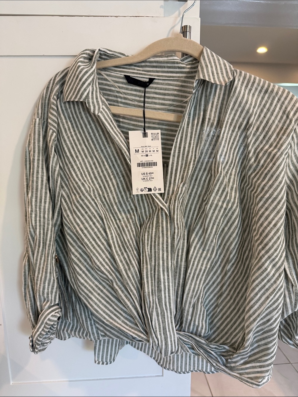 Zara Green and White Striped Twist-Front Button Down Shirt